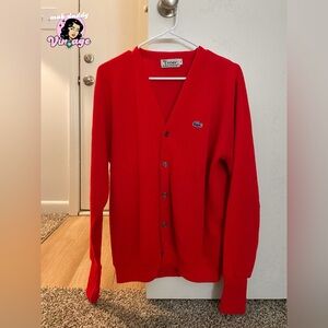 Vintage Lacoste Men's Bright Red V‑Neck Button Cardigan with Crocodile Patch